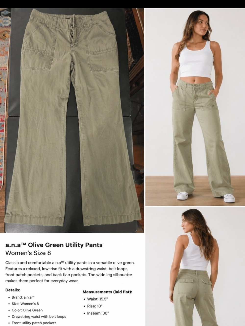 a.n.a Olive Green Wide Leg Utility Pants 100% Cotton Size 8